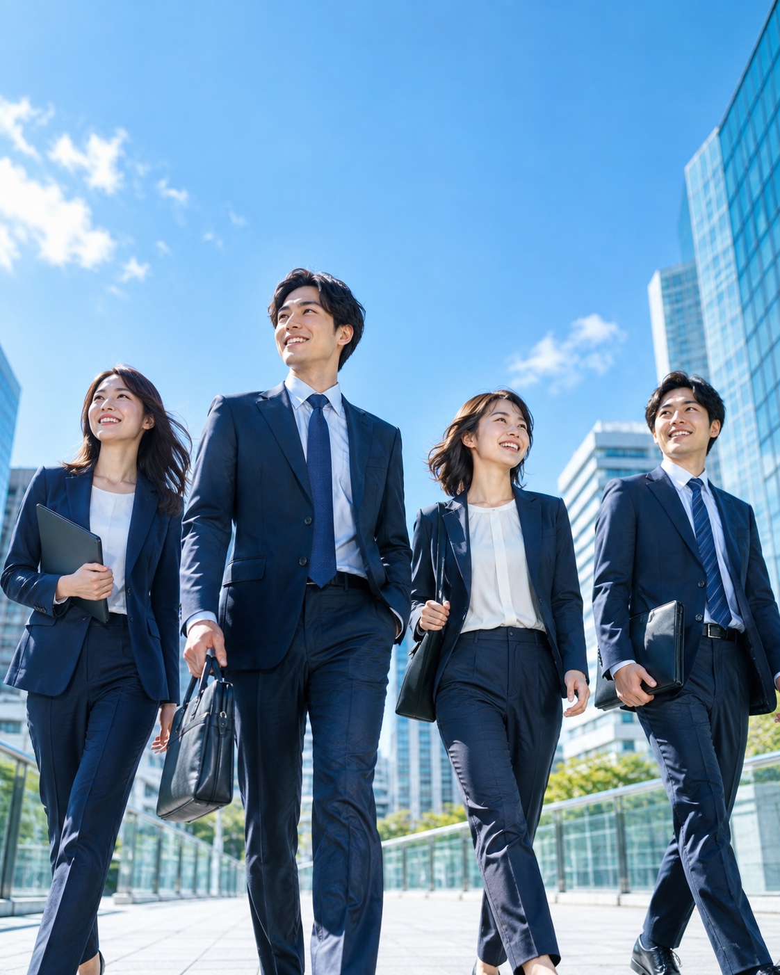 青空の下、スーツ姿で営業バッグや資料を持ち、街を歩く4人の営業チームのイメージ